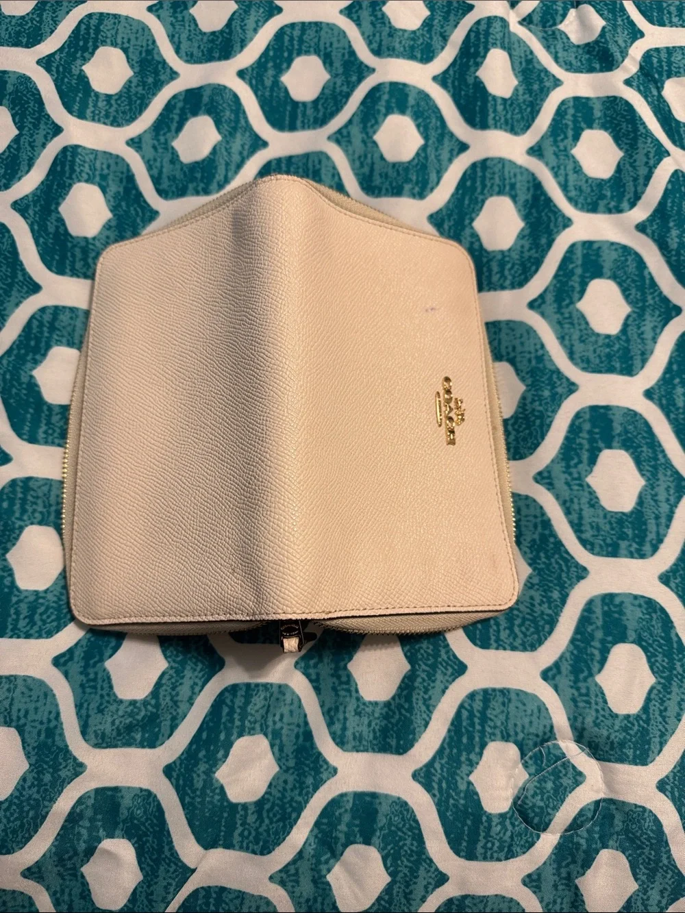 Coach Cream Zip-Around Saffiano Leather Wallet with Gold Logo